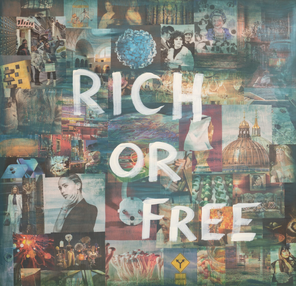 Eine Collage aus verschiedenen Bildern und Kunstwerken mit den Worten „RICH OR FREE“, die in der Mitte deutlich sichtbar in weißen Großbuchstaben geschrieben sind.